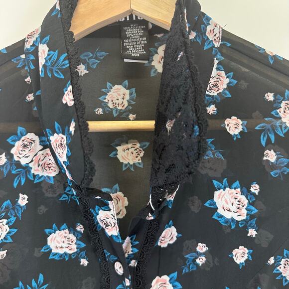 Hot Topic Floral Button-Down Black Chiffon Lace Collar Mini Dress Womens Size M - Picture 4 of 15